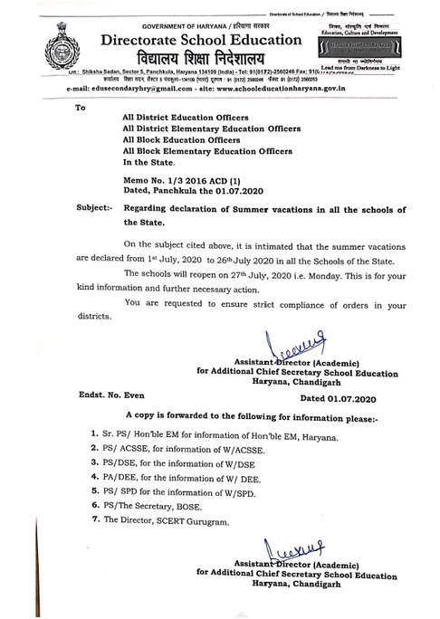 Order of school reopening in Haryana